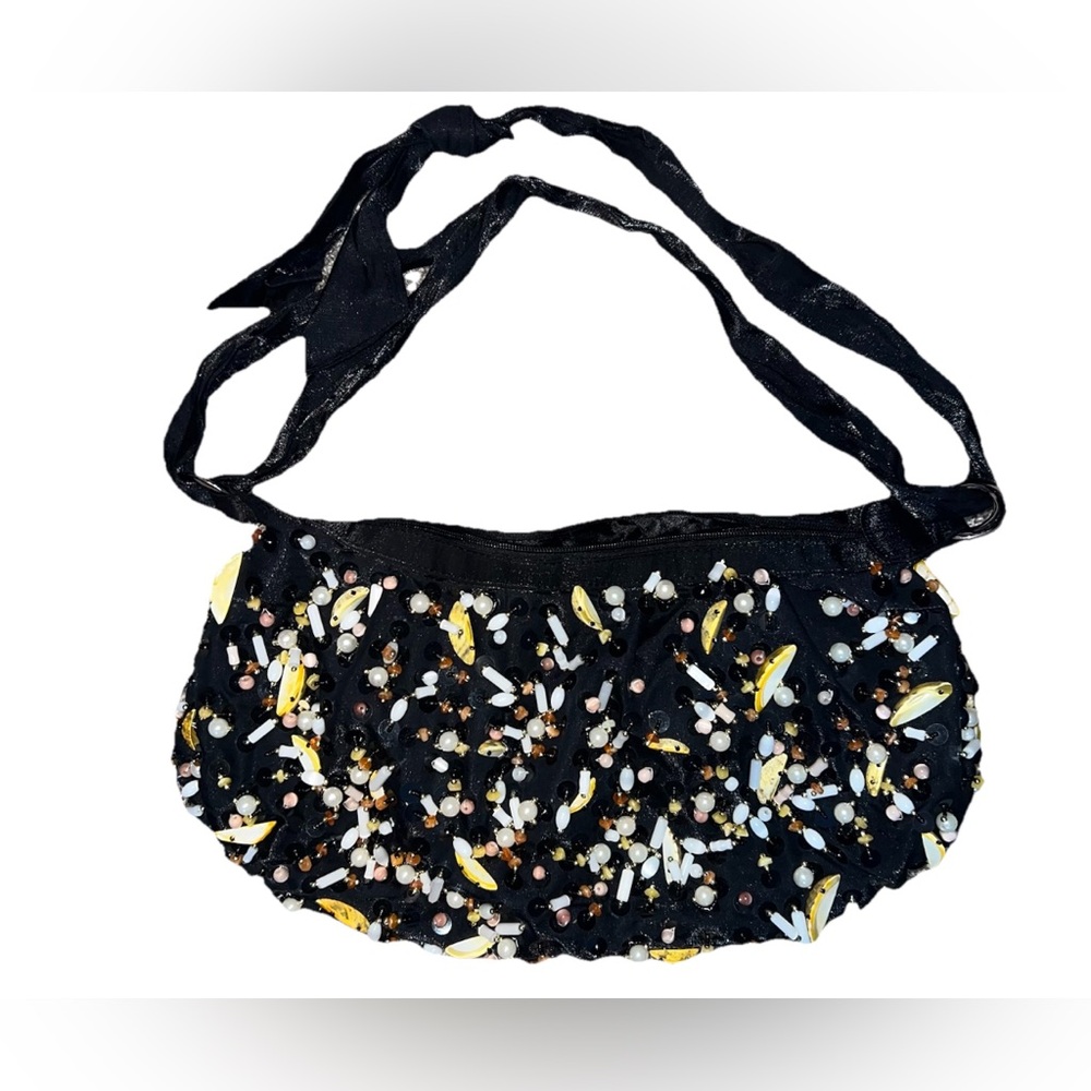 Beaded Adjustable Ribbon Strap Crossbody Bag
